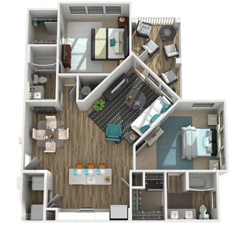 Floor plan for 2 beds, 2 baths, 1217 sqft